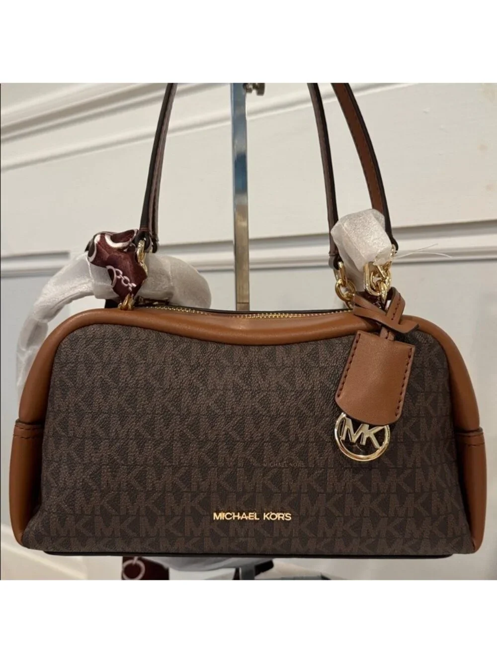 Michael Kors Bag Jet Set Signature Brown Leather Satchel Crossbody